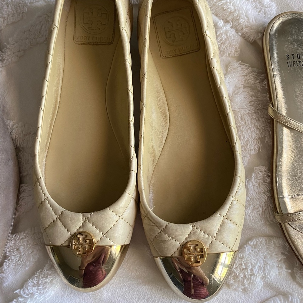 Tory Burch cream and gold toe cap ballet flats
